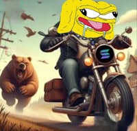 a man riding a motorcycle with a bear in the background