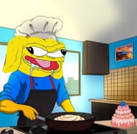 a cartoon character cooking in a kitchen