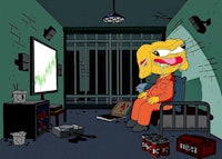 a cartoon character sitting in a room with a tv