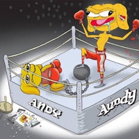 a cartoon of a yellow dog in a boxing ring