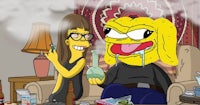 a cartoon simpsons character smoking a cigarette on a couch